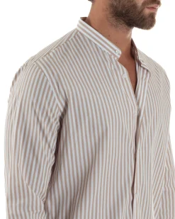 Camicia Uomo Cotone Collo Coreano Fantasia Righe Beige C3015A