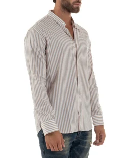 Camicia Uomo Cotone Collo Coreano Fantasia Righe Beige C3015A