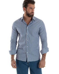 Camicia uomo cotone collo francese slim fit righe bastoncino medio blu GIOSAL-C2918A
