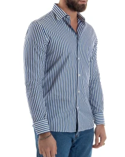 Camicia uomo cotone collo francese slim fit righe bastoncino medio blu GIOSAL-C2918A