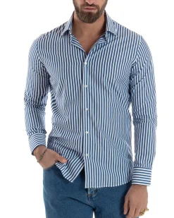 Camicia uomo cotone collo francese slim fit righe bastoncino medio blu GIOSAL-C2918A
