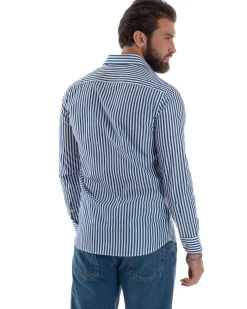 Camicia uomo cotone collo francese slim fit righe bastoncino medio blu GIOSAL-C2918A