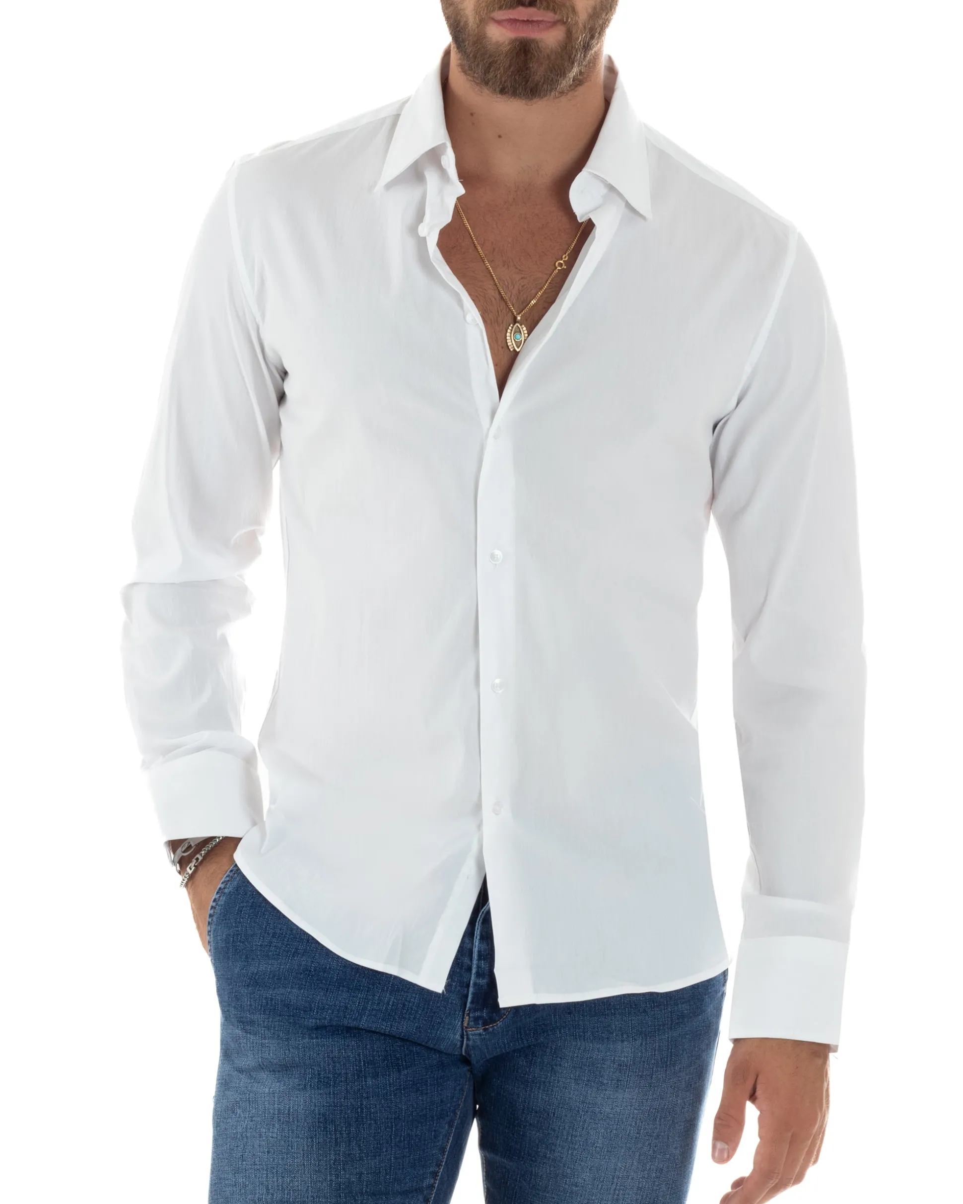 Camicia uomo cotone collo francese basic slim fit bianco GIOSAL-C2976A