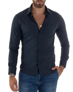 Camicia Uomo Cotone Collo Francese Basic Slim Fit Blu C2977A