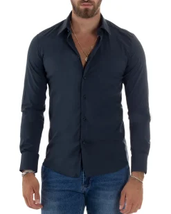 Camicia Uomo Cotone Collo Francese Basic Slim Fit Blu C2977A