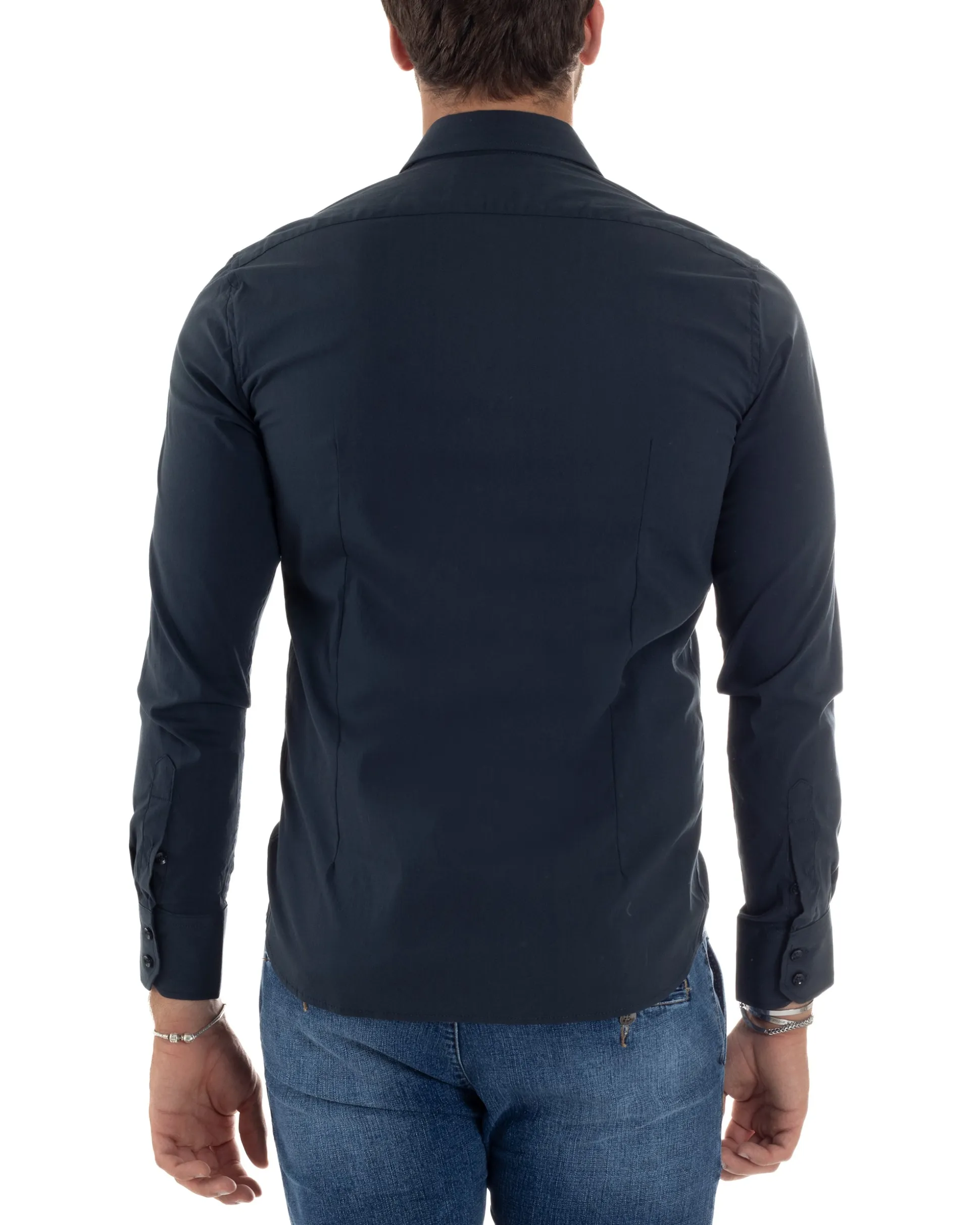 Camicia Uomo Cotone Collo Francese Basic Slim Fit Blu C2977A