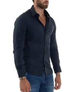 Camicia Uomo Cotone Collo Francese Basic Slim Fit Blu C2977A