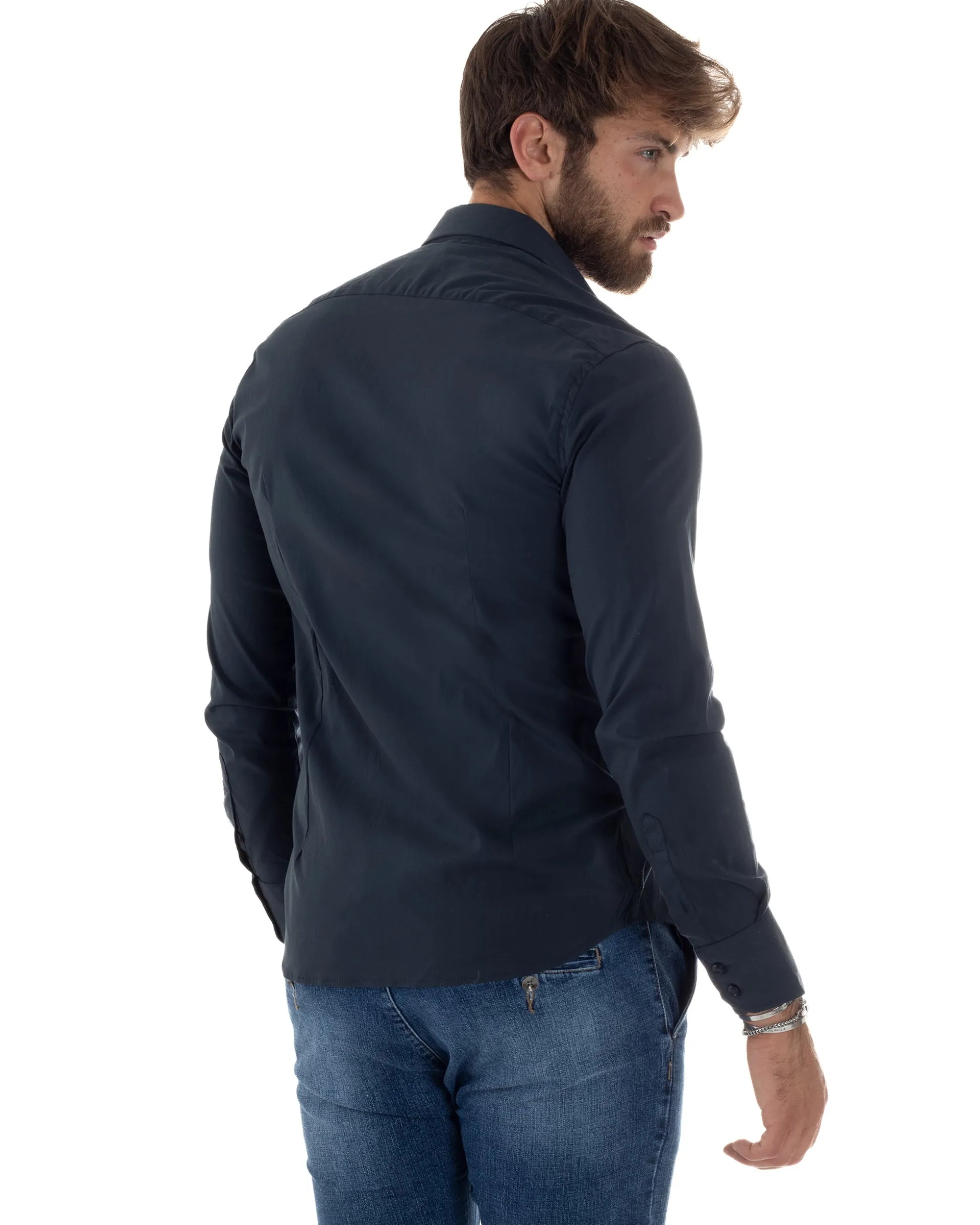 Camicia Uomo Cotone Collo Francese Basic Slim Fit Blu C2977A