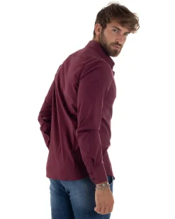 Camicia Uomo Cotone Collo Francese Basic Slim Fit Bordeaux C2979A