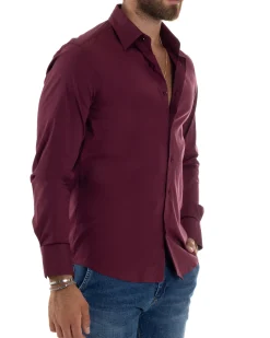 Camicia Uomo Cotone Collo Francese Basic Slim Fit Bordeaux C2979A