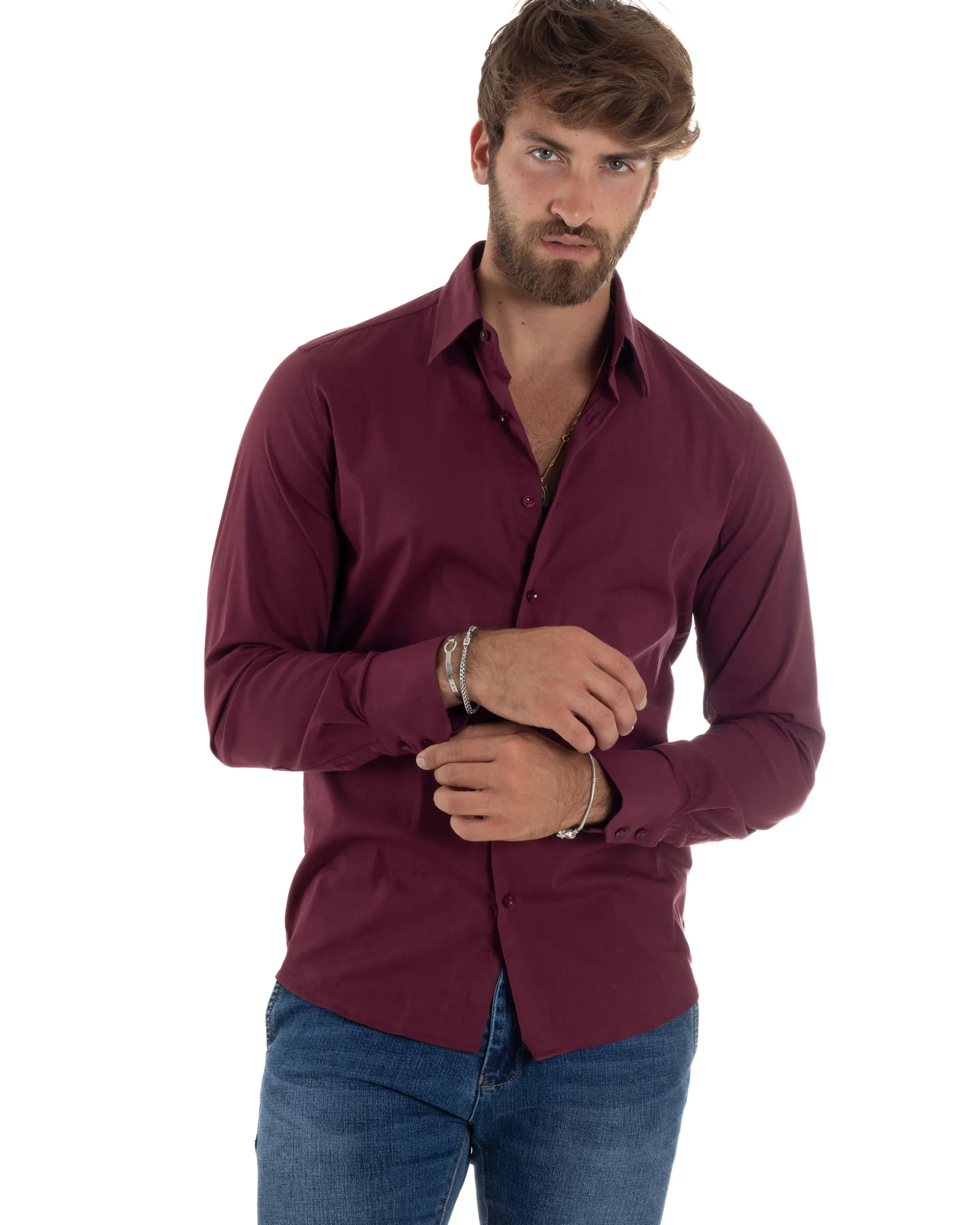 Camicia Uomo Cotone Collo Francese Basic Slim Fit Bordeaux C2979A