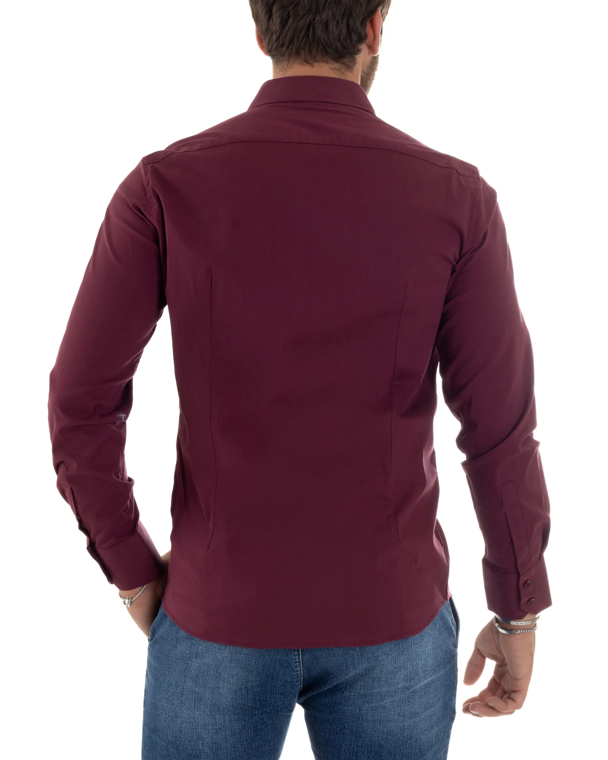 Camicia Uomo Cotone Collo Francese Basic Slim Fit Bordeaux C2979A