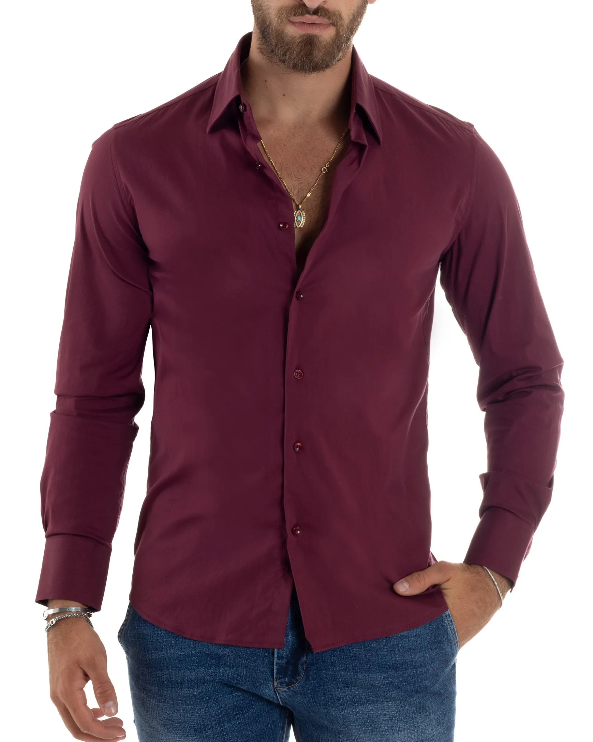 Camicia Uomo Cotone Collo Francese Basic Slim Fit Bordeaux C2979A