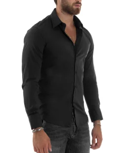 Camicia Uomo Cotone Collo Francese Basic Slim Fit Nero C2980A