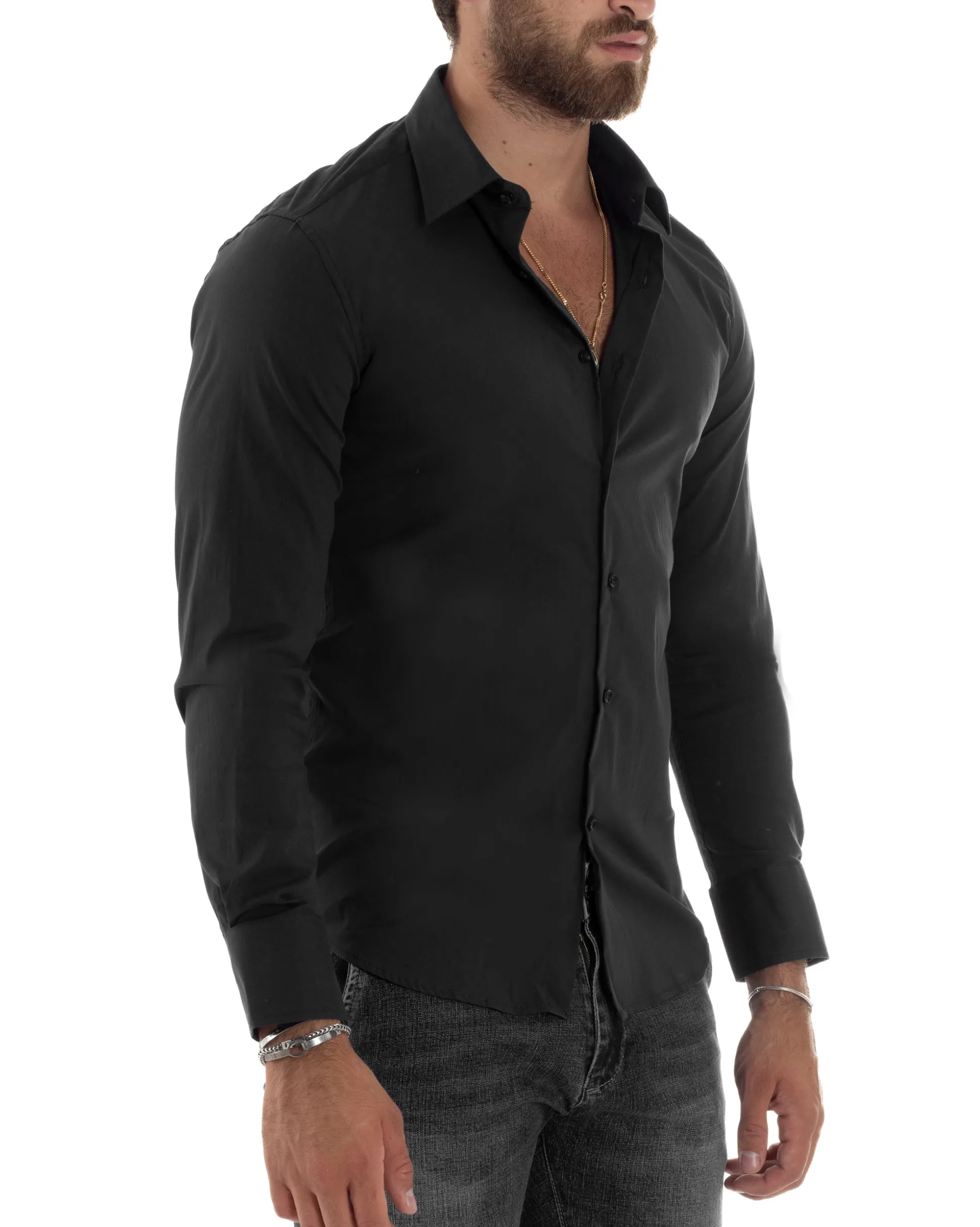 Camicia Uomo Cotone Collo Francese Basic Slim Fit Nero C2980A