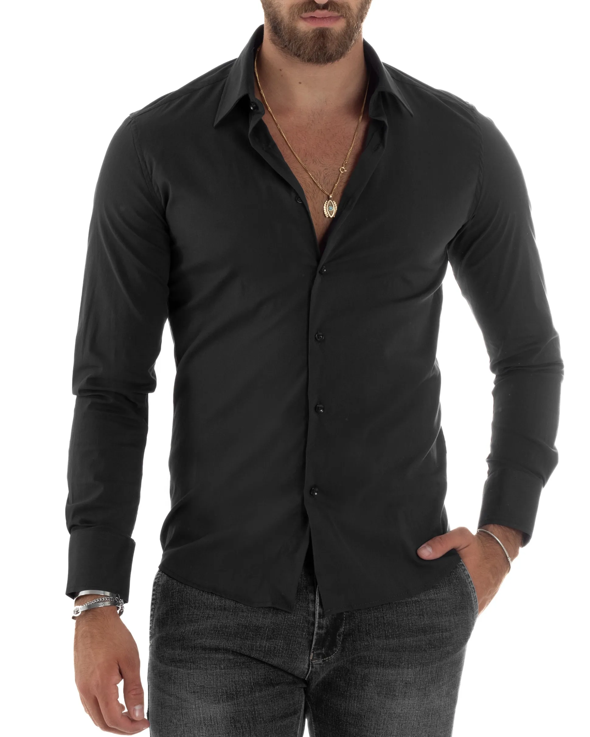 Camicia Uomo Cotone Collo Francese Basic Slim Fit Nero C2980A