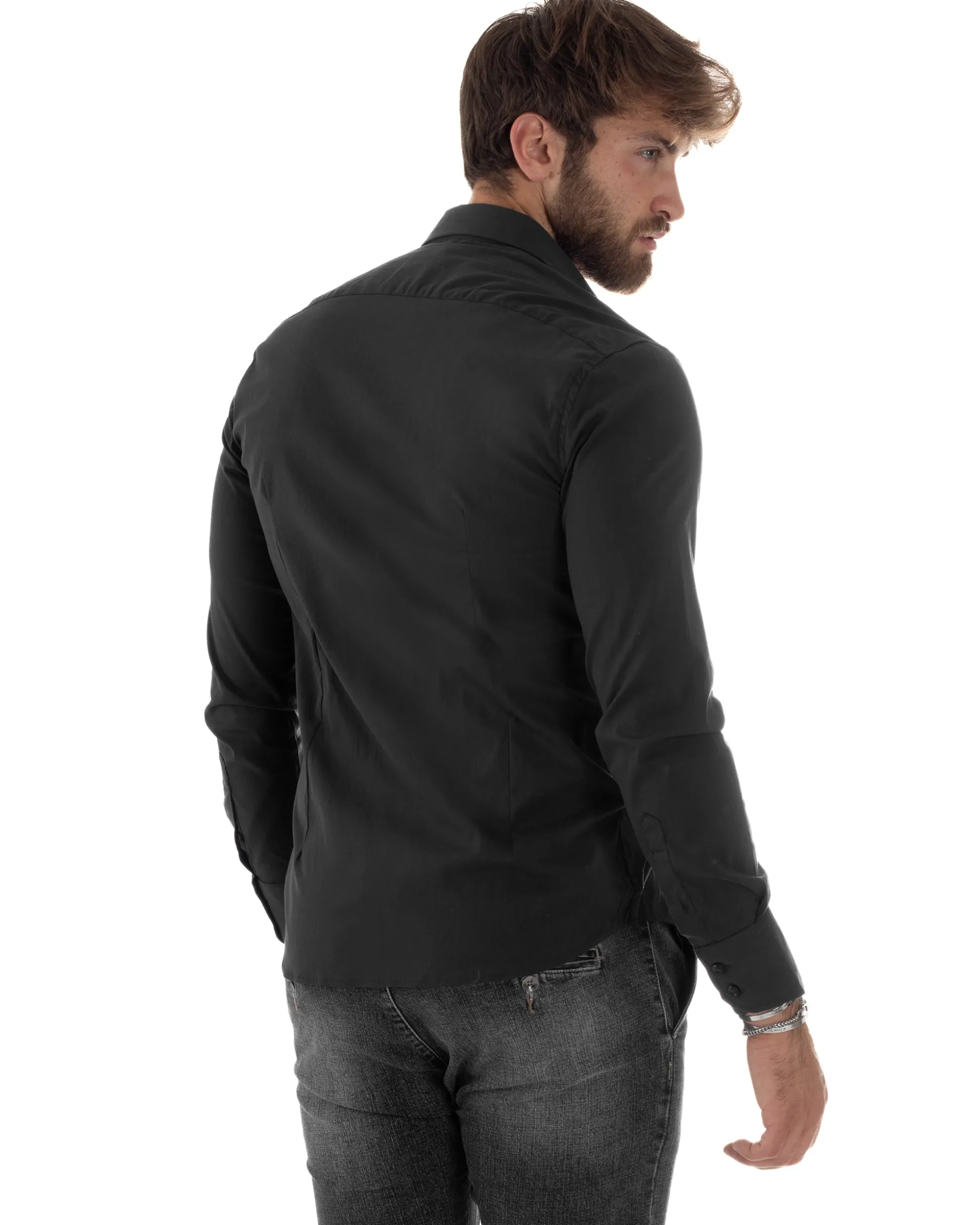 Camicia Uomo Cotone Collo Francese Basic Slim Fit Nero C2980A