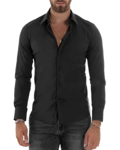 Camicia Uomo Cotone Collo Francese Basic Slim Fit Nero C2980A