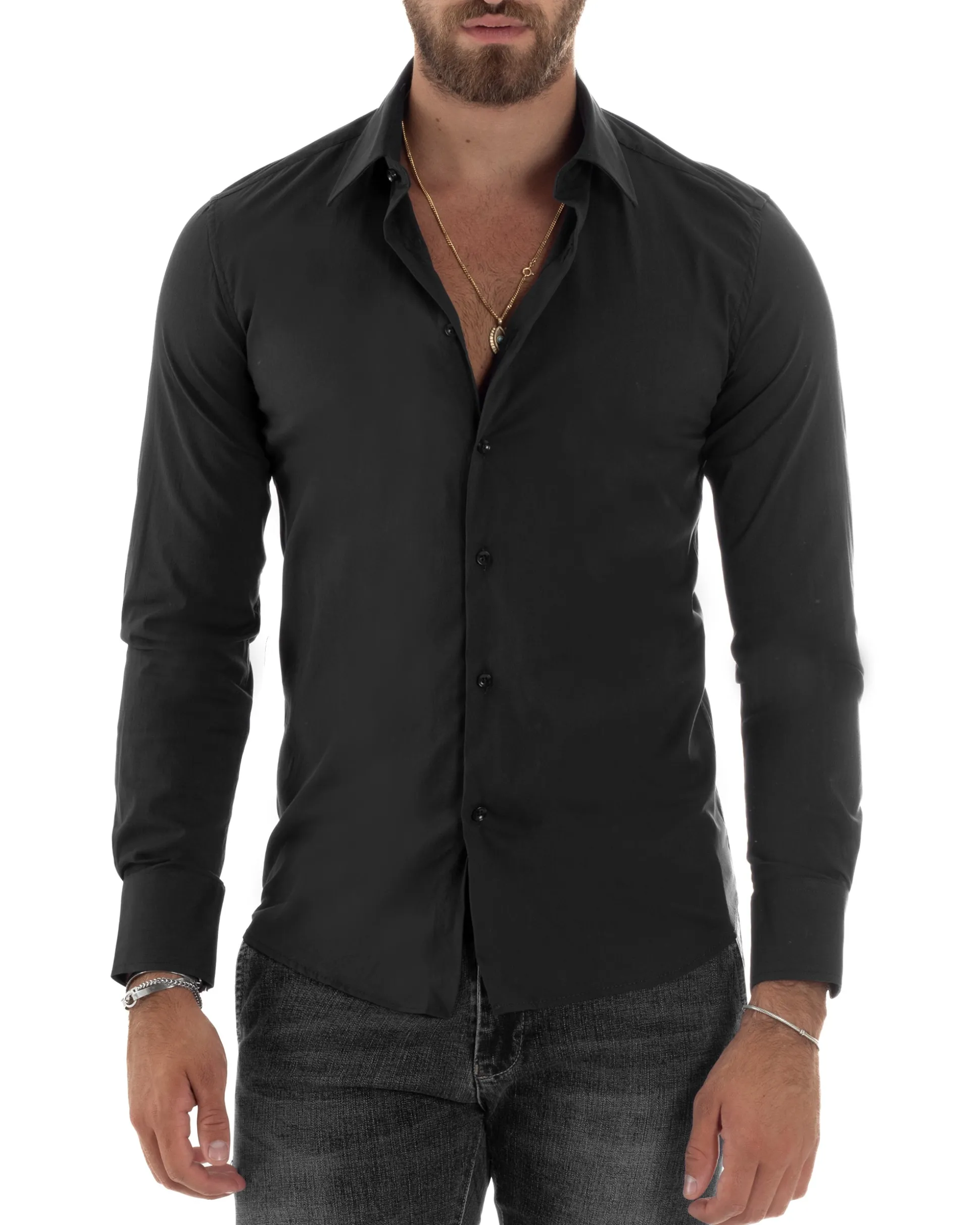 Camicia Uomo Cotone Collo Francese Basic Slim Fit Nero C2980A