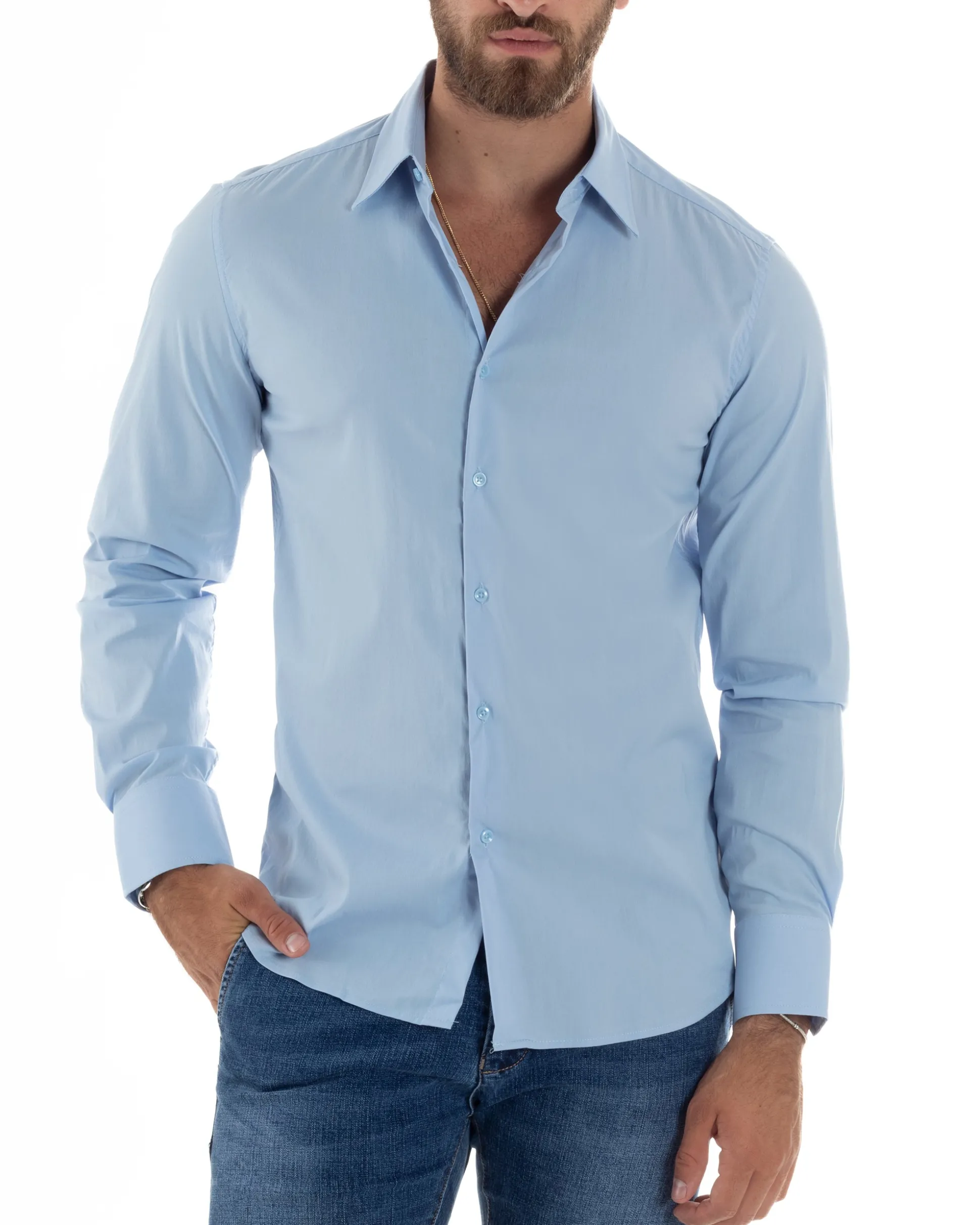 Camicia Uomo Cotone Collo Francese Basic Slim Fit Celeste C2978A