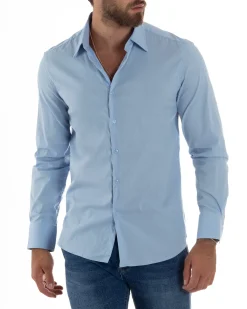 Camicia Uomo Cotone Collo Francese Basic Slim Fit Celeste C2978A