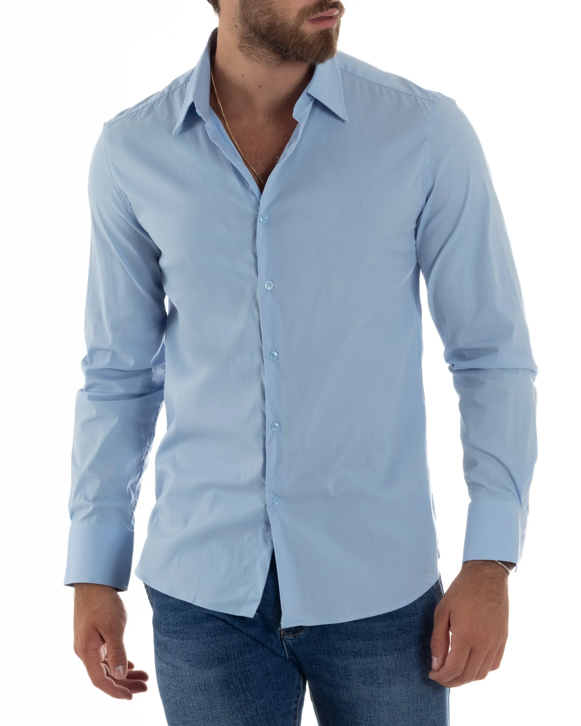 Camicia Uomo Cotone Collo Francese Basic Slim Fit Celeste C2978A