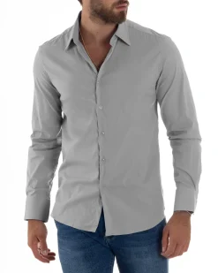 Camicia Uomo Cotone Collo Francese Basic Slim Fit Grigio C2981A