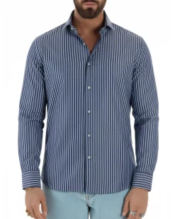 Camicia uomo cotone collo francese slim fit righe bastoncino medio bicolore blu bianco GIOSAL-C3068A