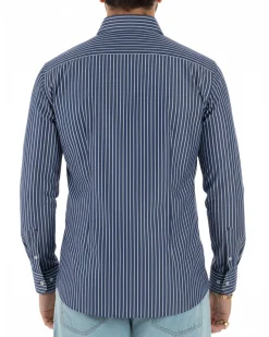 Camicia uomo cotone collo francese slim fit righe bastoncino medio bicolore blu bianco GIOSAL-C3068A