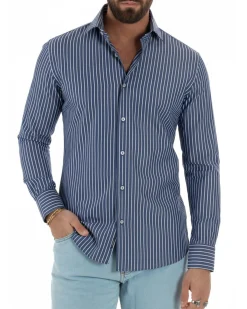 Camicia uomo cotone collo francese slim fit righe bastoncino medio bicolore blu bianco GIOSAL-C3068A