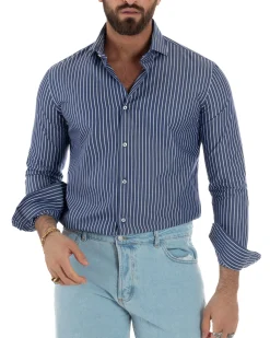 Camicia uomo cotone collo francese slim fit righe bastoncino medio bicolore blu bianco GIOSAL-C3068A