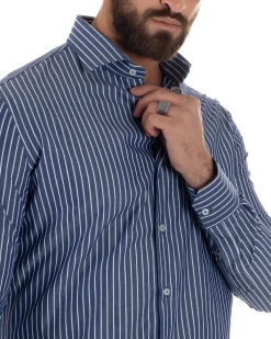 Camicia uomo cotone collo francese slim fit righe bastoncino medio bicolore blu bianco GIOSAL-C3068A