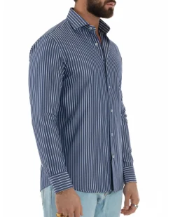 Camicia uomo cotone collo francese slim fit righe bastoncino medio bicolore blu bianco GIOSAL-C3068A