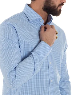 Camicia uomo cotone collo francese slim fit quadretti celeste GIOSAL-C3072A