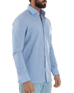Camicia uomo cotone collo francese slim fit quadretti celeste GIOSAL-C3072A