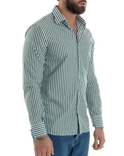 Camicia uomo cotone collo francese slim fit righe bastoncino medio verde GIOSAL-C2921A