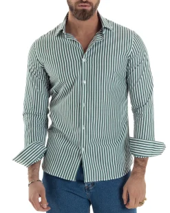Camicia uomo cotone collo francese slim fit righe bastoncino medio verde GIOSAL-C2921A