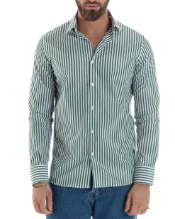 Camicia uomo cotone collo francese slim fit righe bastoncino medio verde GIOSAL-C2921A