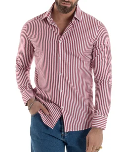 Camicia uomo cotone collo francese slim fit righe bastoncino medio rosso GIOSAL-C2917A