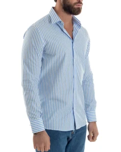 Camicia uomo cotone collo francese slim fit righe bastoncino medio celeste GIOSAL-C2919A