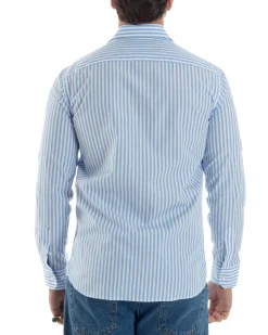 Camicia uomo cotone collo francese slim fit righe bastoncino medio celeste GIOSAL-C2919A