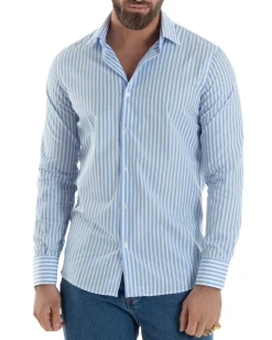 Camicia uomo cotone collo francese slim fit righe bastoncino medio celeste GIOSAL-C2919A