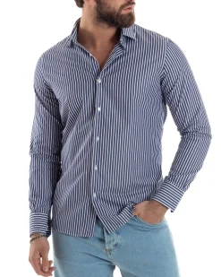 Camicia uomo cotone collo francese slim fit righe bastoncino medio bicolore blu bianco GIOSAL-C2922A