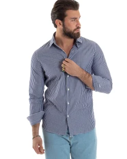 Camicia uomo cotone collo francese slim fit righe bastoncino medio bicolore blu bianco GIOSAL-C2922A