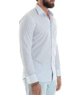 Camicia uomo cotone collo francese slim fit rigata sottile celeste GIOSAL-C2916A