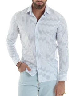 Camicia uomo cotone collo francese slim fit rigata sottile celeste GIOSAL-C2916A
