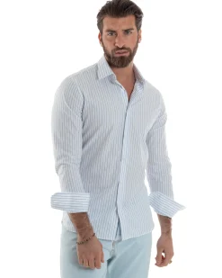 Camicia uomo cotone collo francese slim fit rigata sottile celeste GIOSAL-C2916A