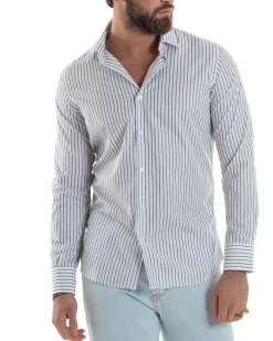 Camicia uomo cotone collo francese slim fit rigata sottile blu GIOSAL-C2915A