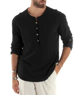Camicia Uomo Cotone Collo Serafino Scollo Rotondo Bottoncini Nero GIOSAL-C2870A
