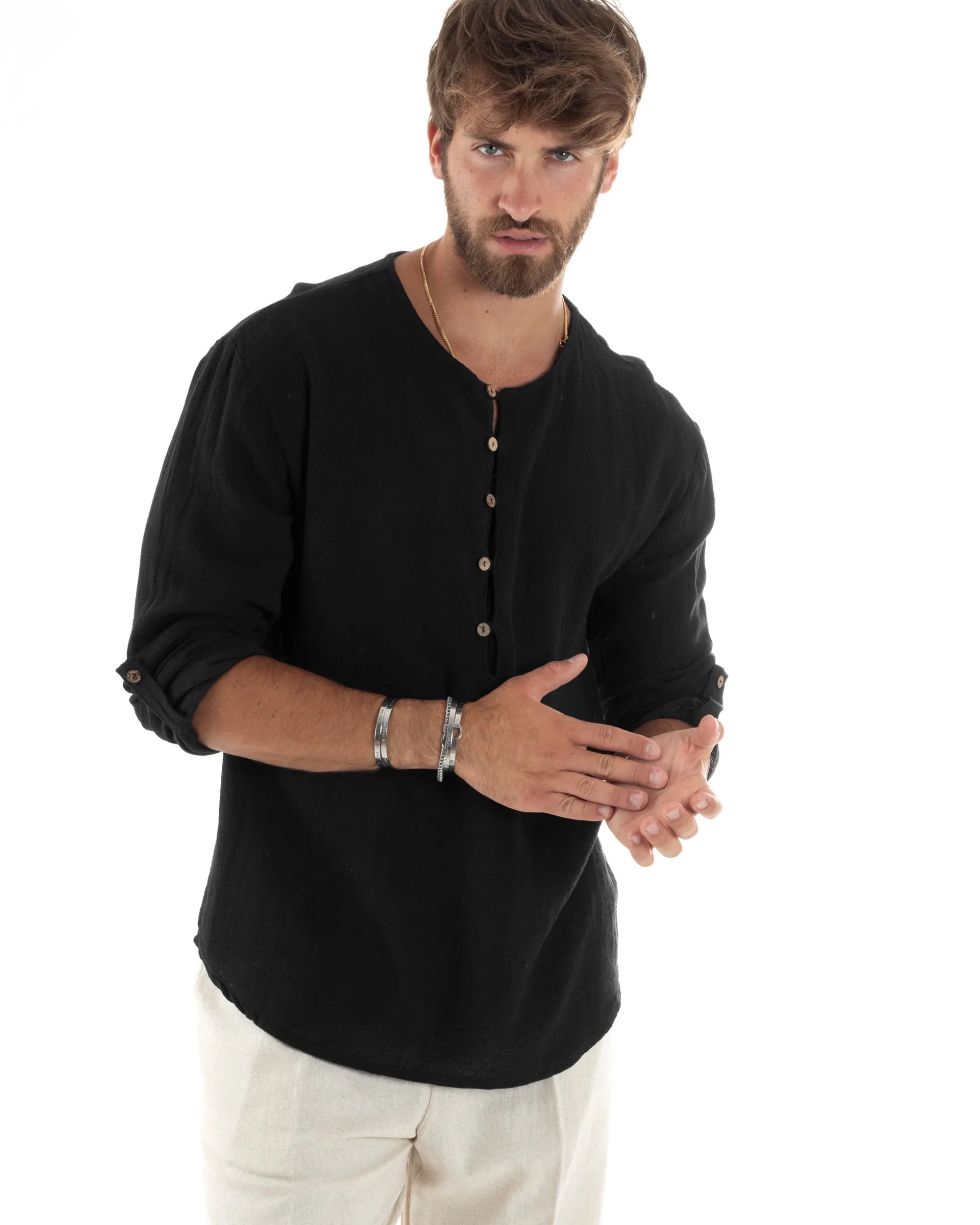 Camicia Uomo Cotone Collo Serafino Scollo Rotondo Bottoncini Nero GIOSAL-C2870A
